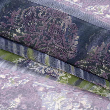 Eggplant, Olive and Plum Decorated Stripes Crinkled Silk Chiffon