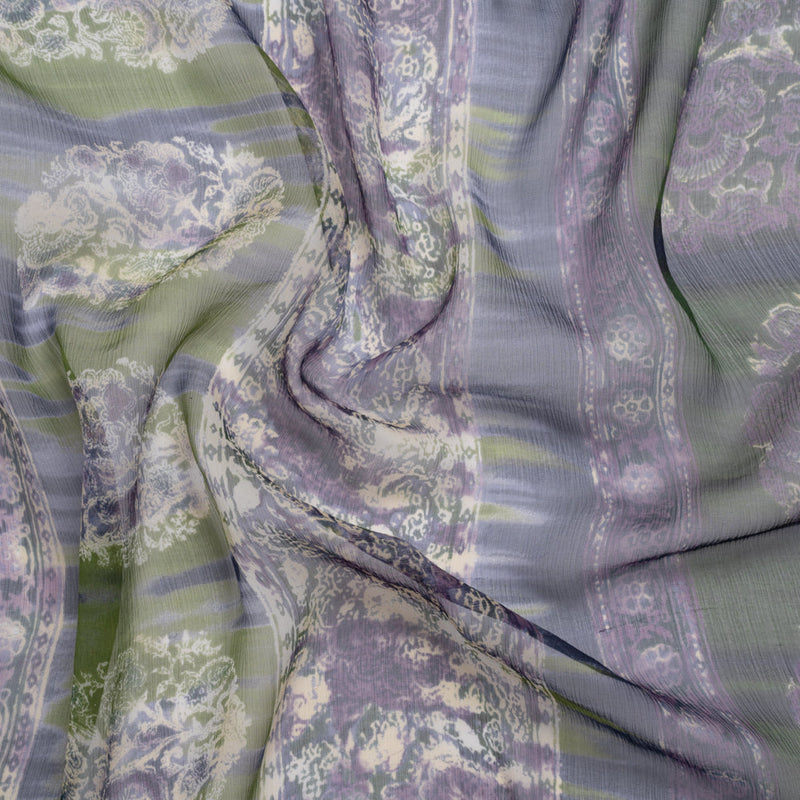 Eggplant, Olive and Plum Decorated Stripes Crinkled Silk Chiffon