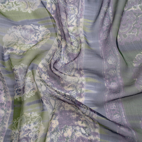 Eggplant, Olive and Plum Decorated Stripes Crinkled Silk Chiffon