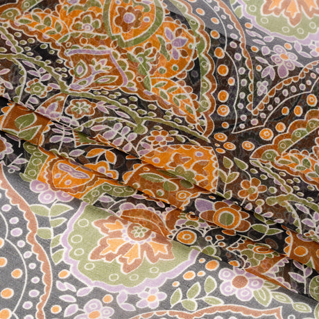 Brown, Green and Orange Floral Silk Chiffon