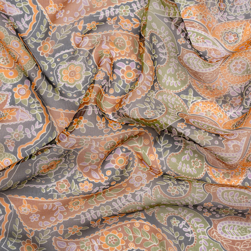 Brown, Green and Orange Floral Silk Chiffon