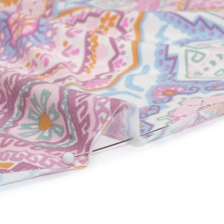 Stretch Polyester Jersey - Pale Pink, Baby Blue, and Golden Yellow Geometric Medallions
