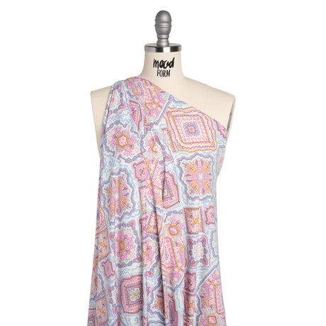 Stretch Polyester Jersey - Pale Pink, Baby Blue, and Golden Yellow Geometric Medallions