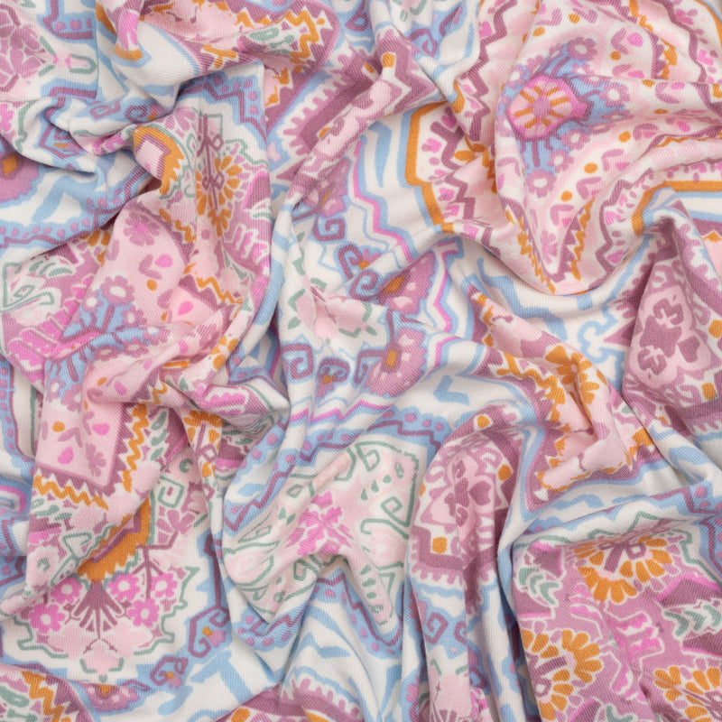 Stretch Polyester Jersey - Pale Pink, Baby Blue, and Golden Yellow Geometric Medallions