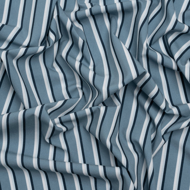 Stretch Polyester Woven - Powder Blue and Gray Shadow Stripes