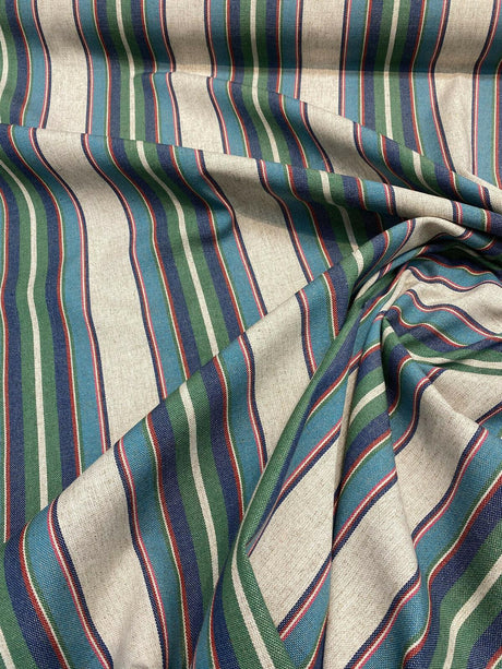 PK Lifestyle Yucatan Stripe Linen Fabric - Cancun Green Blue Stripe, 54" Width (1 Yard)
