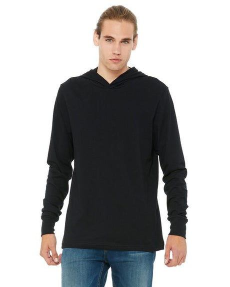 BELLA + CANVAS Jersey Hooded Long Sleeve Tee in Heather Navy