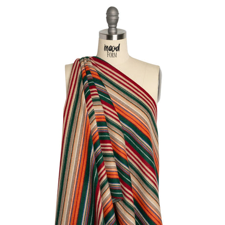 Italian Tan, Green and Red Barcode Stripes Brushed Wool Blend Twill