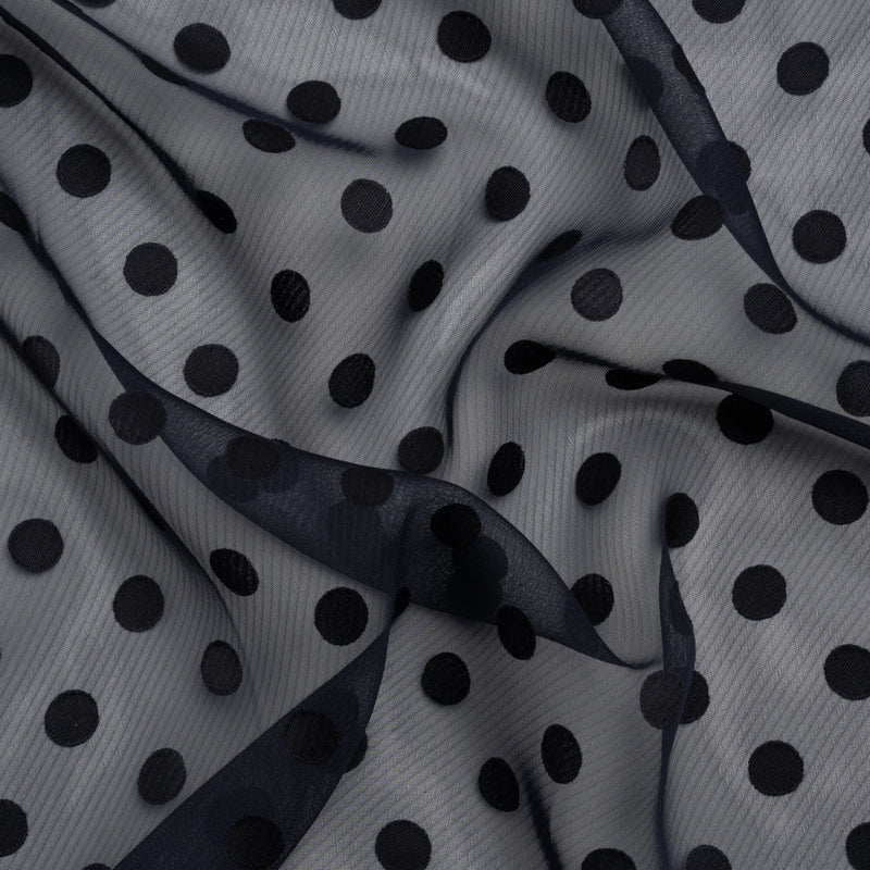 Famous Australian Designer Navy Polyester Chiffon with Satin Burnout Polka Dots