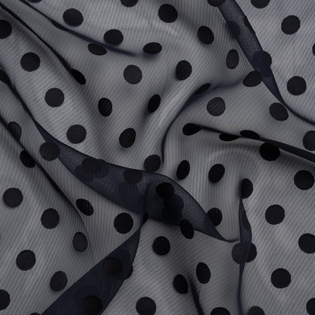 Famous Australian Designer Navy Polyester Chiffon with Satin Burnout Polka Dots