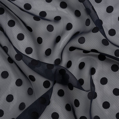 Famous Australian Designer Navy Polyester Chiffon with Satin Burnout Polka Dots