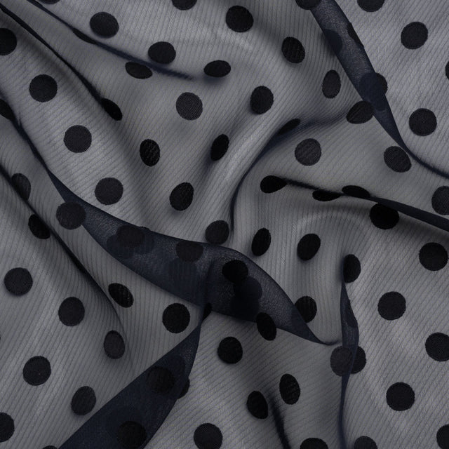 Famous Australian Designer Navy Polyester Chiffon with Satin Burnout Polka Dots