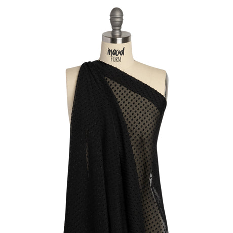 Famous Australian Designer Black Textured Burnout Polka Dots Silk and Viscose Georgette