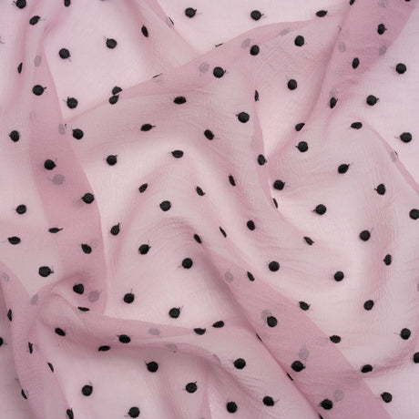 Famous Australian Designer Lilac and Black Embroidered Polka Dots Crinkled Silk Georgette