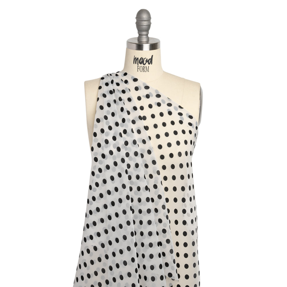 Famous Australian Designer Black and White Burnout Satin Polka Dots Polyester Chiffon