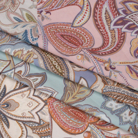 Famous Australian Designer Pink, Periwinkle and Mint Patchwork Paisley Stretch Polyester Jersey