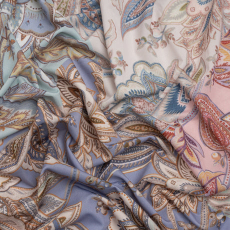 Famous Australian Designer Pink, Periwinkle and Mint Patchwork Paisley Stretch Polyester Jersey