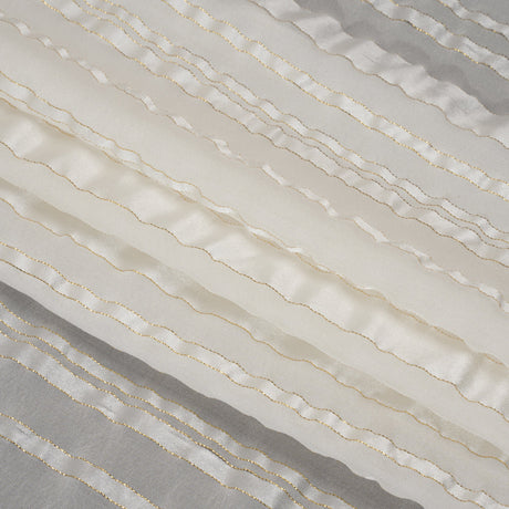 Famous Australian Designer White and Metallic Gold Satin Burnout Stripes Silk Woven