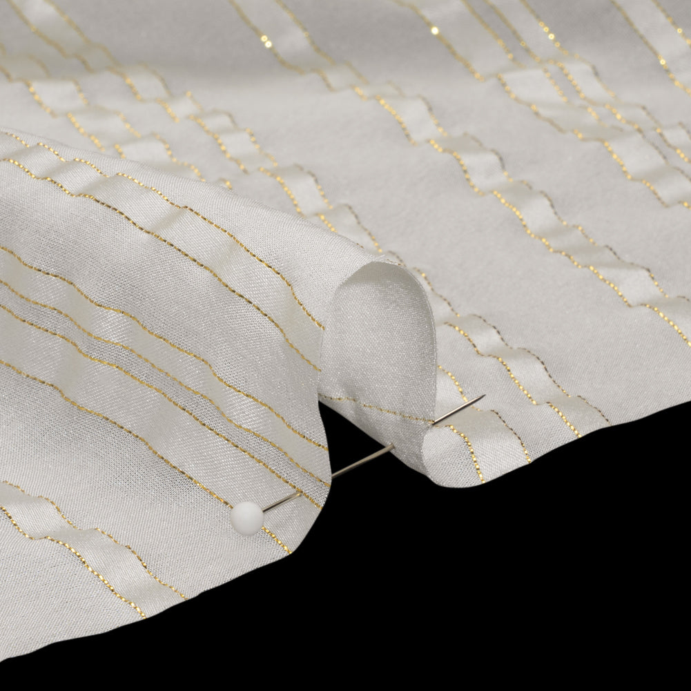 Famous Australian Designer White and Metallic Gold Satin Burnout Stripes Silk Woven