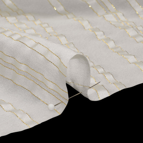 Famous Australian Designer White and Metallic Gold Satin Burnout Stripes Silk Woven