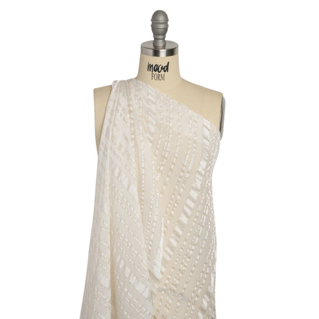 Famous Australian Designer White and Metallic Gold Satin Burnout Stripes Silk Woven