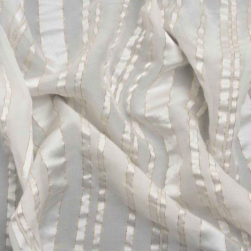 Famous Australian Designer White and Metallic Gold Satin Burnout Stripes Silk Woven