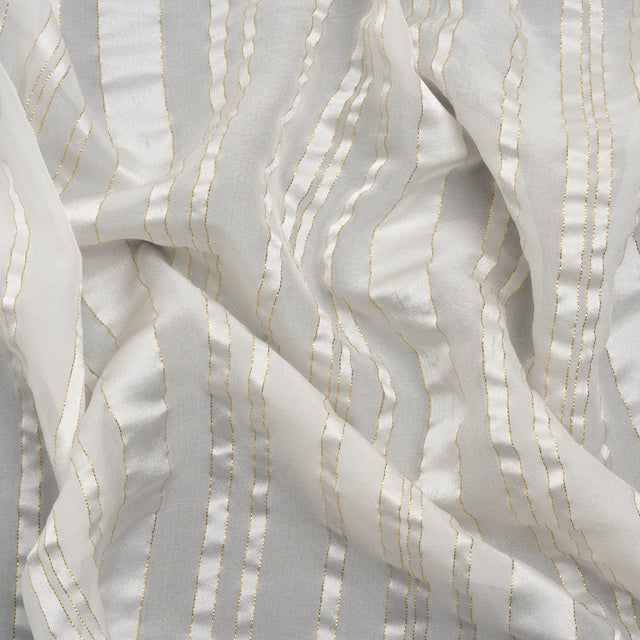 Famous Australian Designer White and Metallic Gold Satin Burnout Stripes Silk Woven