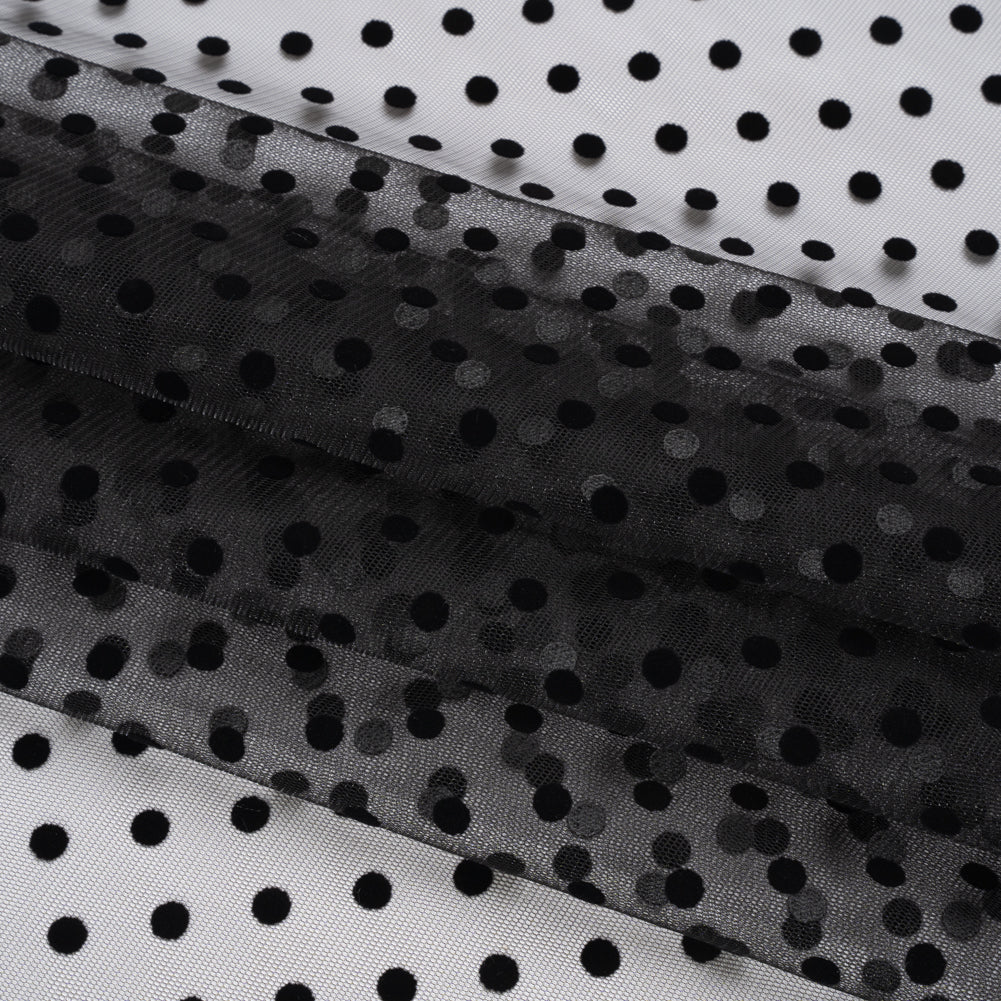 Famous Australian Designer Black Big Flocked Polka Dots Polyester Tulle