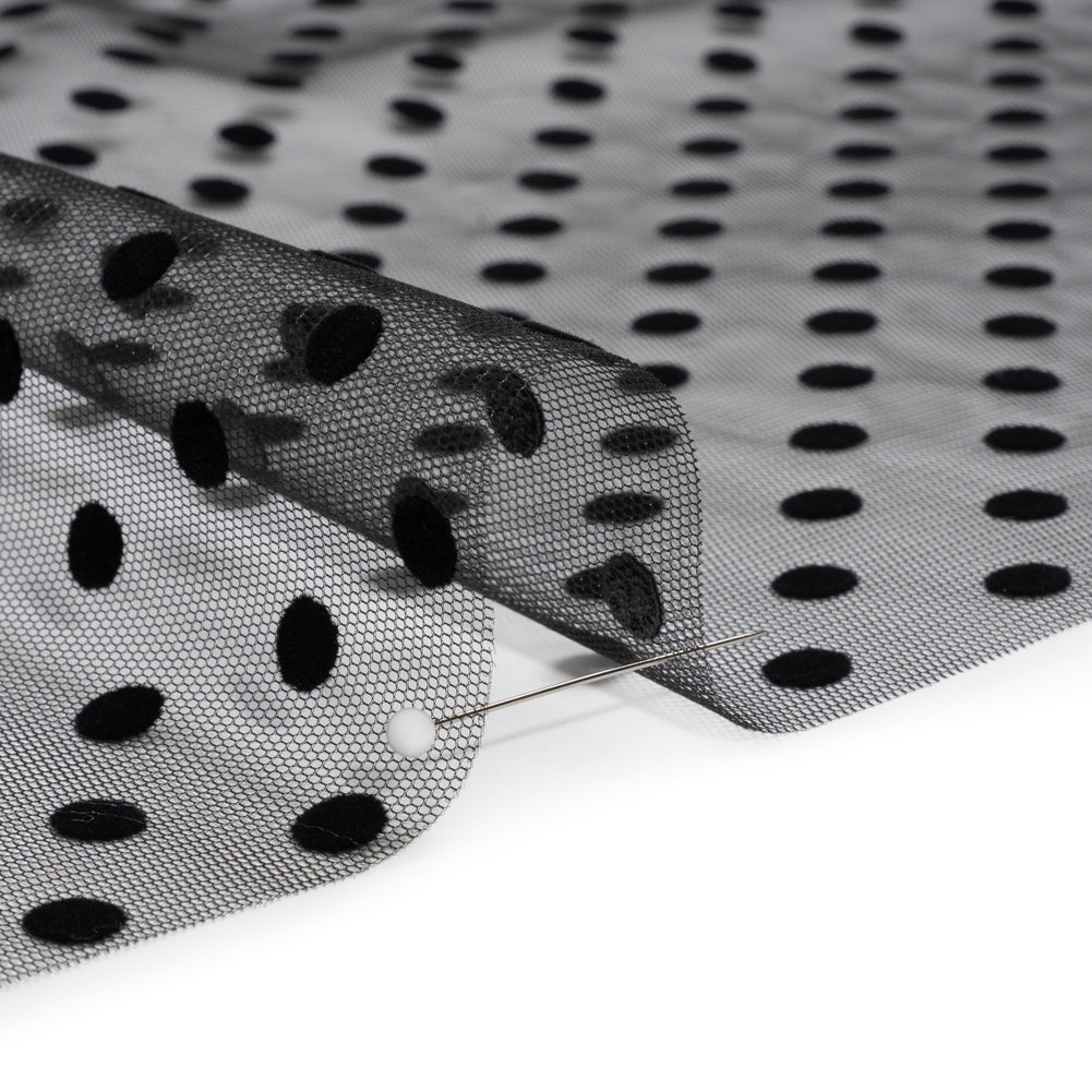 Famous Australian Designer Black Big Flocked Polka Dots Polyester Tulle