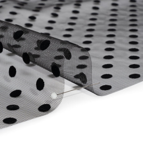 Famous Australian Designer Black Big Flocked Polka Dots Polyester Tulle