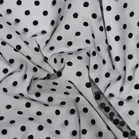 Famous Australian Designer Black Big Flocked Polka Dots Polyester Tulle