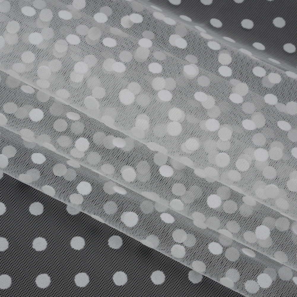 Famous Australian Designer White Big Flocked Polka Dots Polyester Tulle