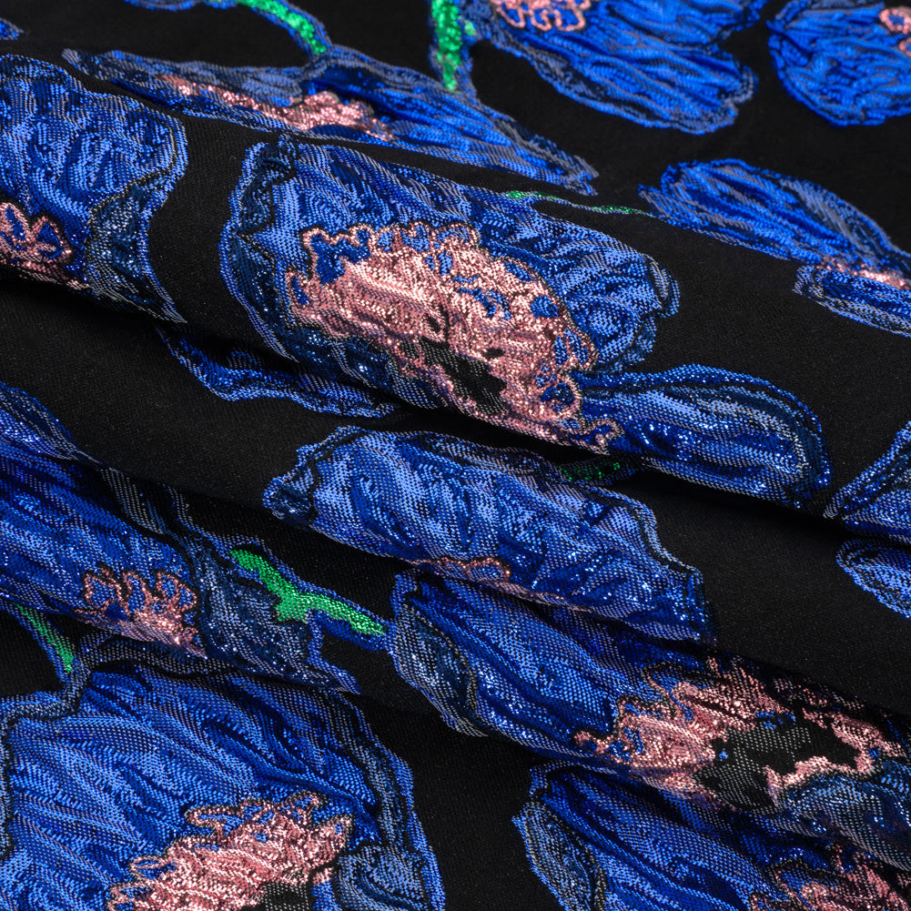 Carolina Herrera Metallic Blue, Green and Black Poppies Polyester and Nylon Brocade