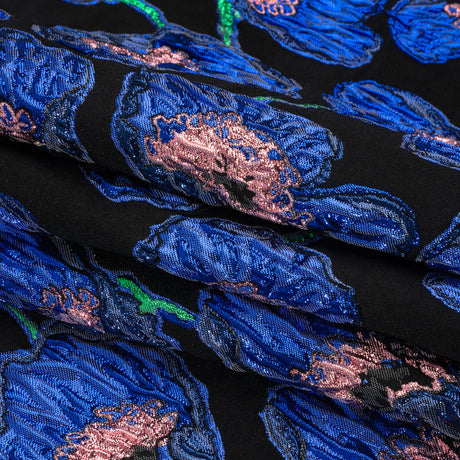 Carolina Herrera Metallic Blue, Green and Black Poppies Polyester and Nylon Brocade
