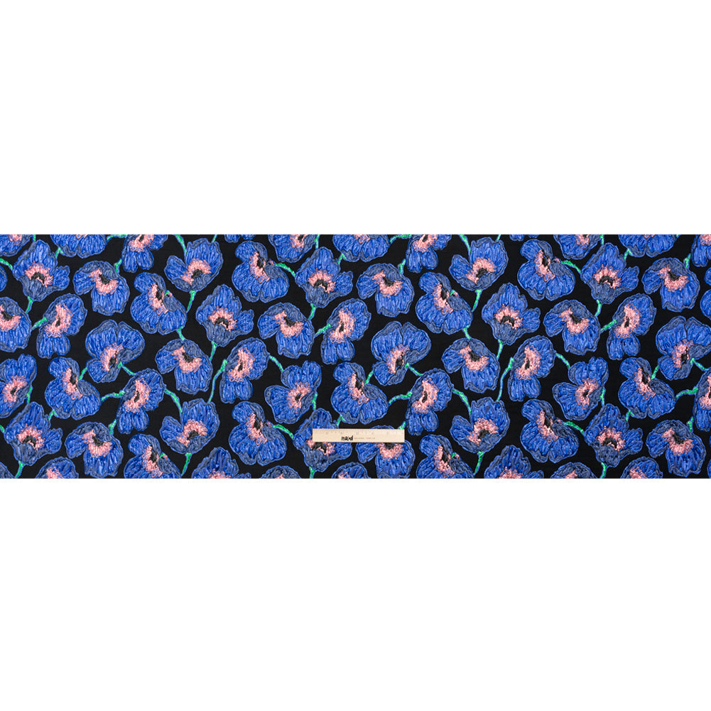 Carolina Herrera Metallic Blue, Green and Black Poppies Polyester and Nylon Brocade