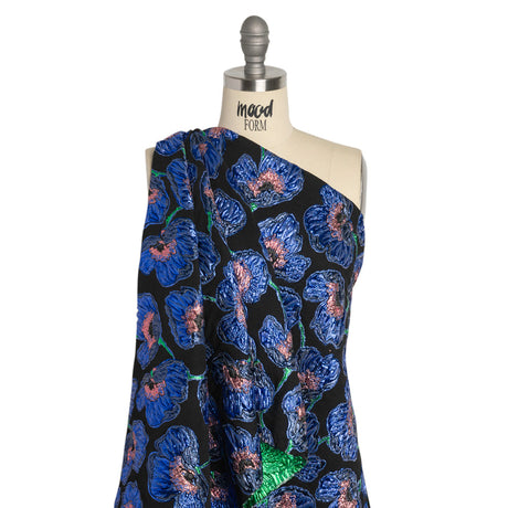 Carolina Herrera Metallic Blue, Green and Black Poppies Polyester and Nylon Brocade