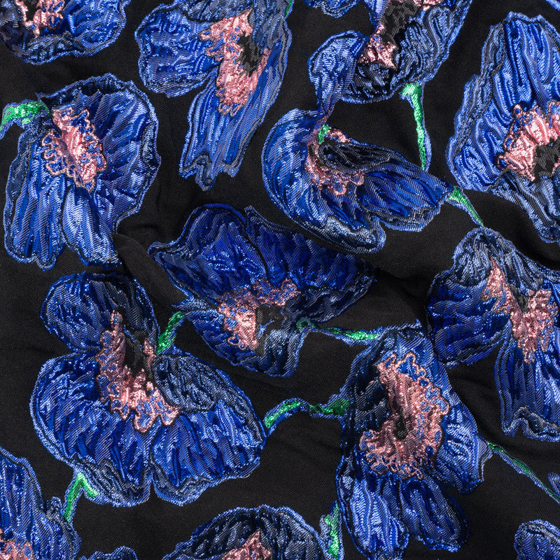 Carolina Herrera Metallic Blue, Green and Black Poppies Polyester and Nylon Brocade