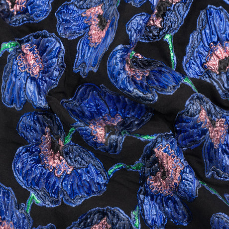 Carolina Herrera Metallic Blue, Green and Black Poppies Polyester and Nylon Brocade
