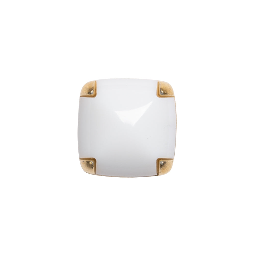 Square Plastic Shank Back Button - White and Metallic Gold Faux Stone - 24L/15mm