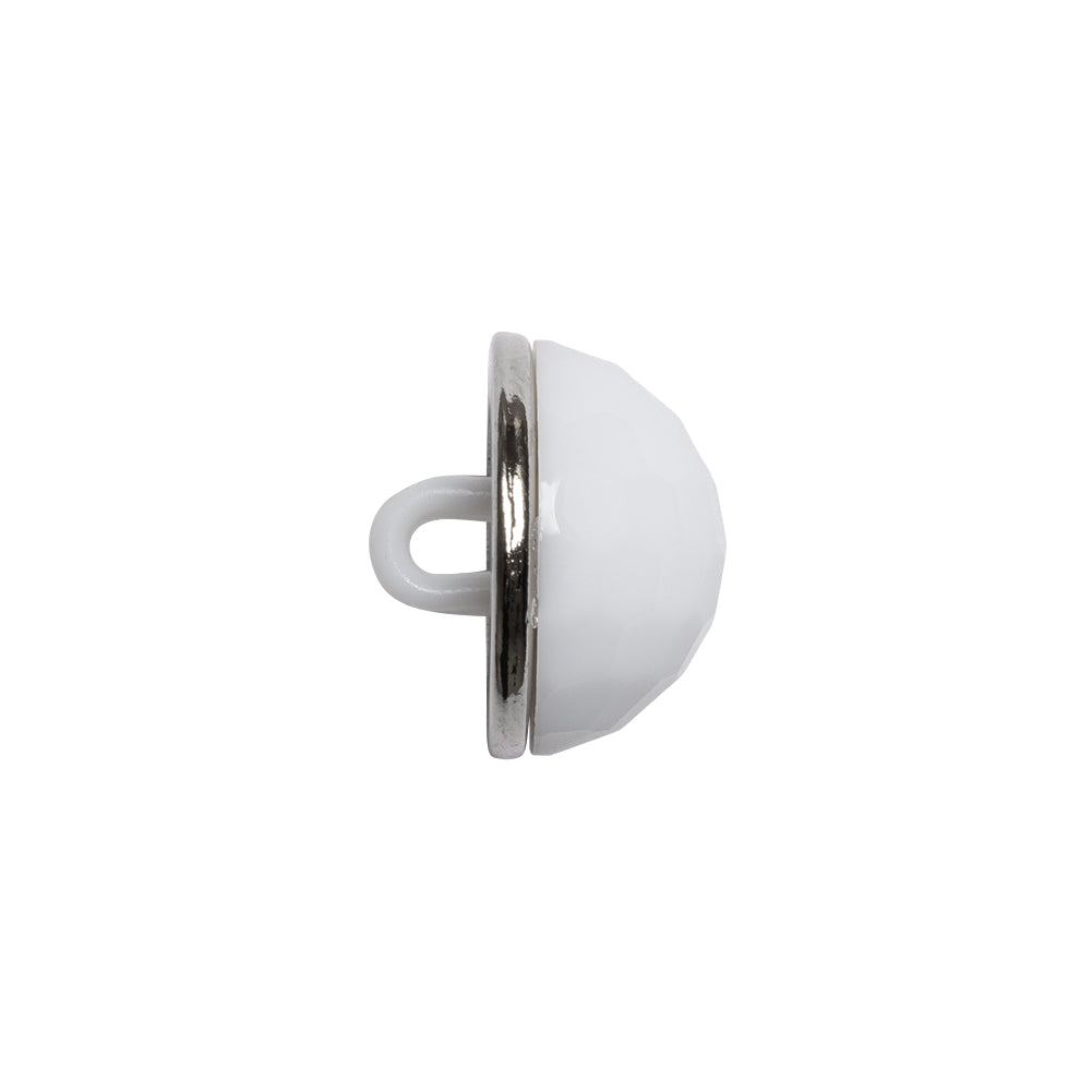 Domed Plastic Shank Back Button - White and Metallic Silver Faceted - 24L/15mm