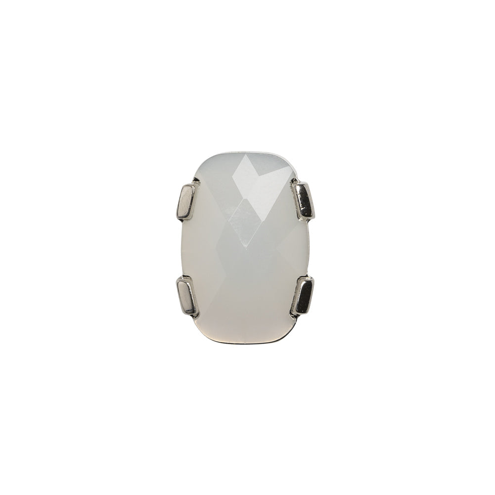 Plastic Shank Back Button - Semi-Translucent White and Metallic Silver Faceted Rounded Rectangle - 24L/15mm