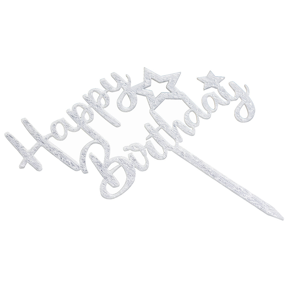 O'Creme Silver 'Happy Birthday' with Stars Cake Topper