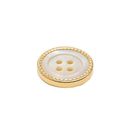 Mother of Pearl 4-Hole Button - 28L/18mm - Iridescent White with Gold Metal Hobnail Rim - Made in Italy