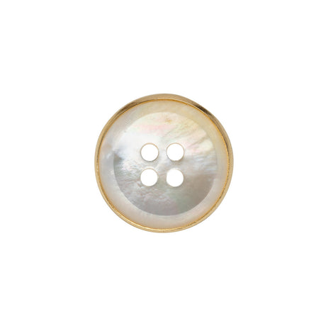 Mother of Pearl 4-Hole Button - 28L/18mm - Iridescent White with Gold Metal Hobnail Rim - Made in Italy