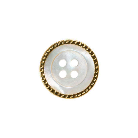 Mother of Pearl 4-Hole Button - 28L/18mm - Iridescent White with Gold Metal Hobnail Rim - Made in Italy