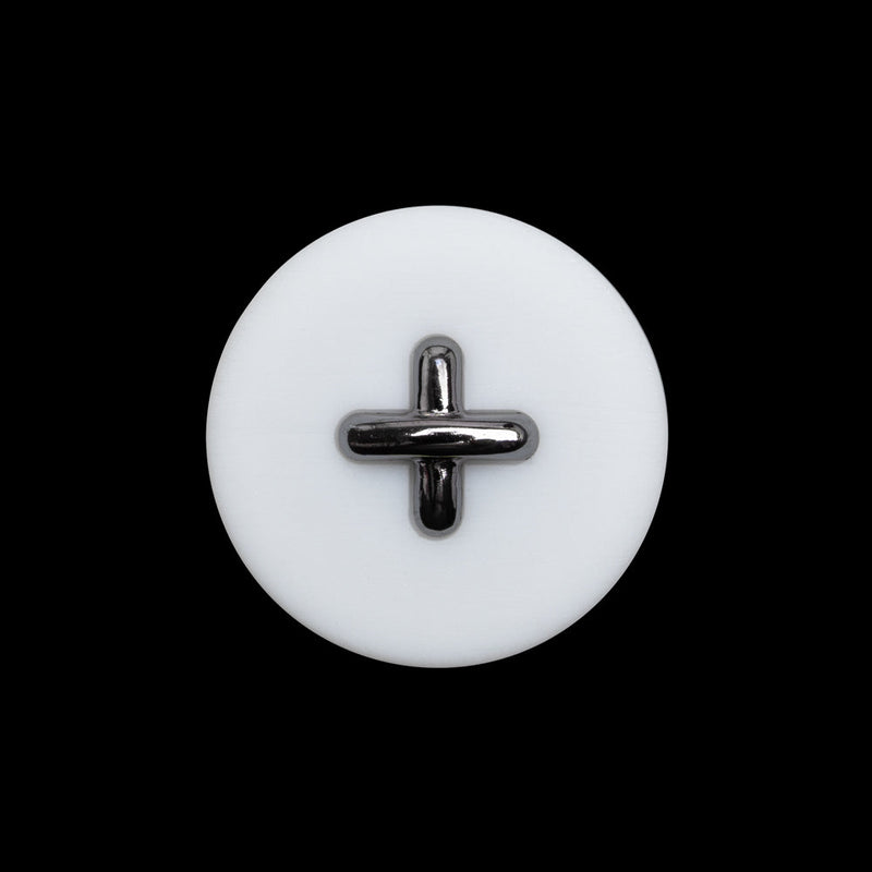 Plastic Shank Back Button - 36L/23mm - White and Metallic Gunmetal Faux Stitched 4-Hole
