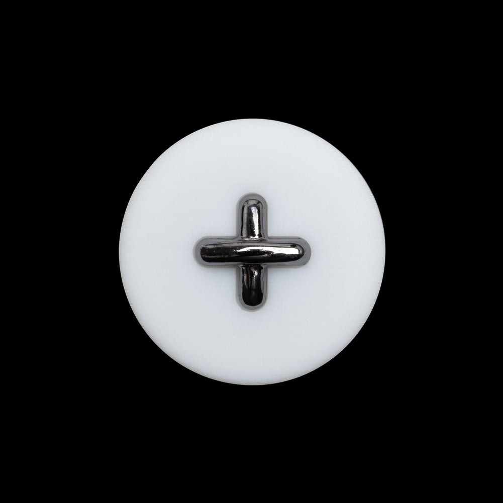 Plastic Shank Back Button - 36L/23mm - White and Metallic Gunmetal Faux Stitched 4-Hole
