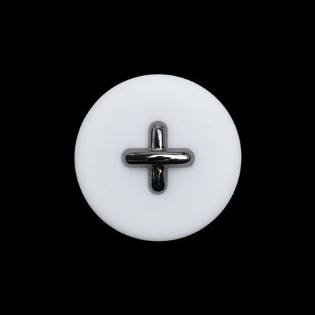 Plastic Shank Back Button - 36L/23mm - White and Metallic Gunmetal Faux Stitched 4-Hole