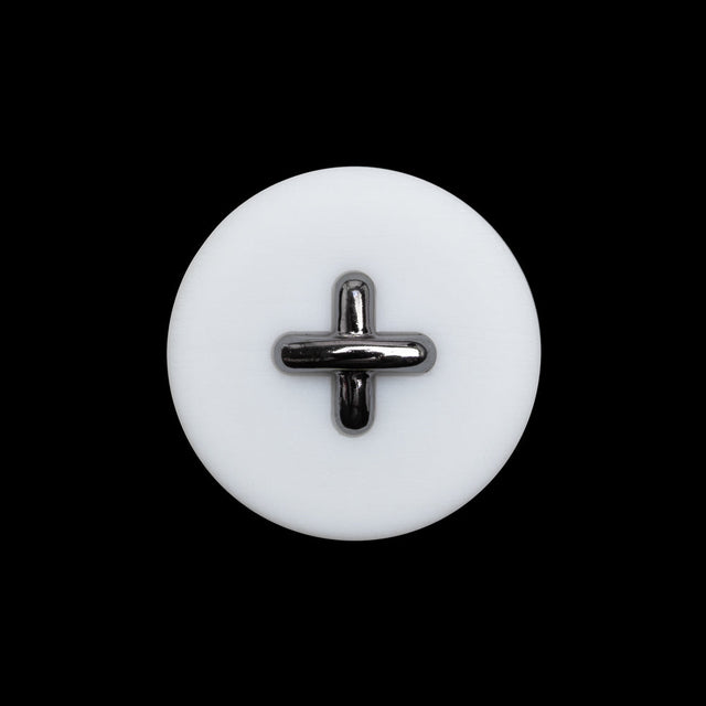 Plastic Shank Back Button - 36L/23mm - White and Metallic Gunmetal Faux Stitched 4-Hole