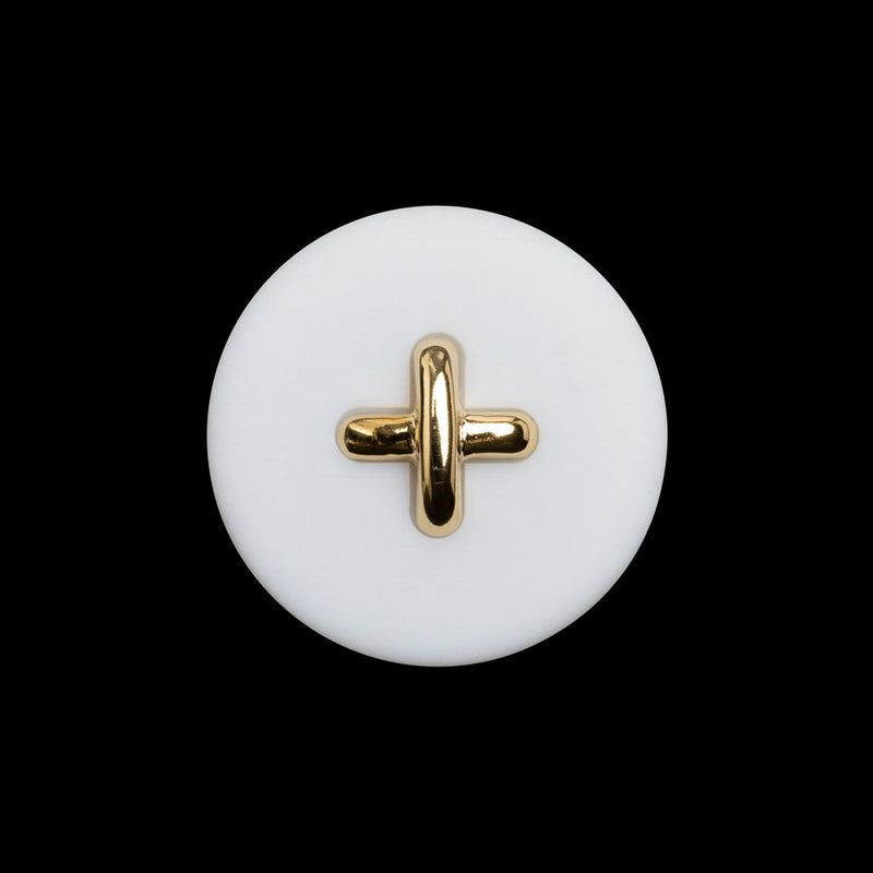 Plastic Shank Back Button - 36L/23mm - White and Metallic Gold Faux Stitched 4-Hole